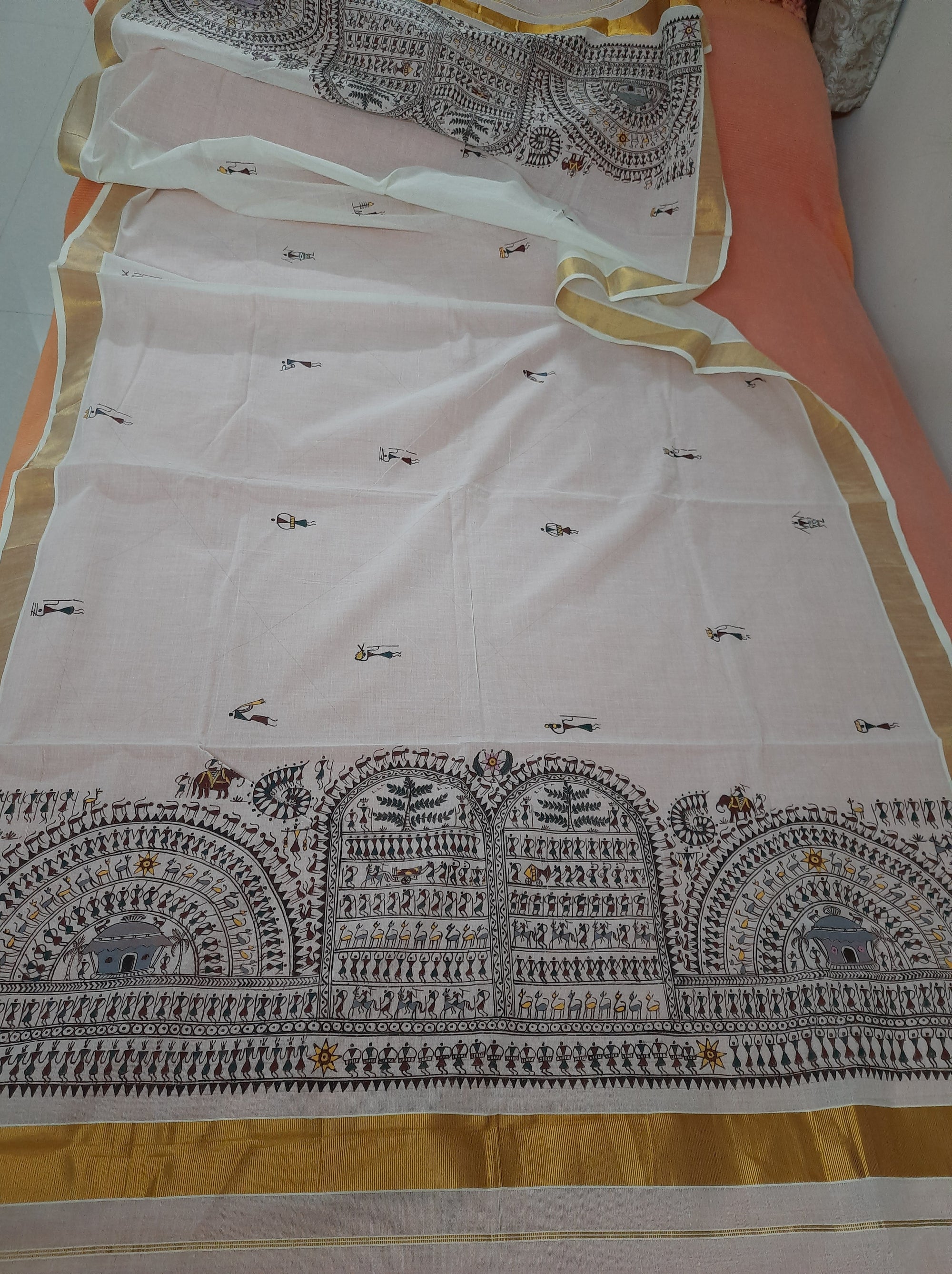 Cotton Handloom Dupatta with Hand Painted Tribal Art