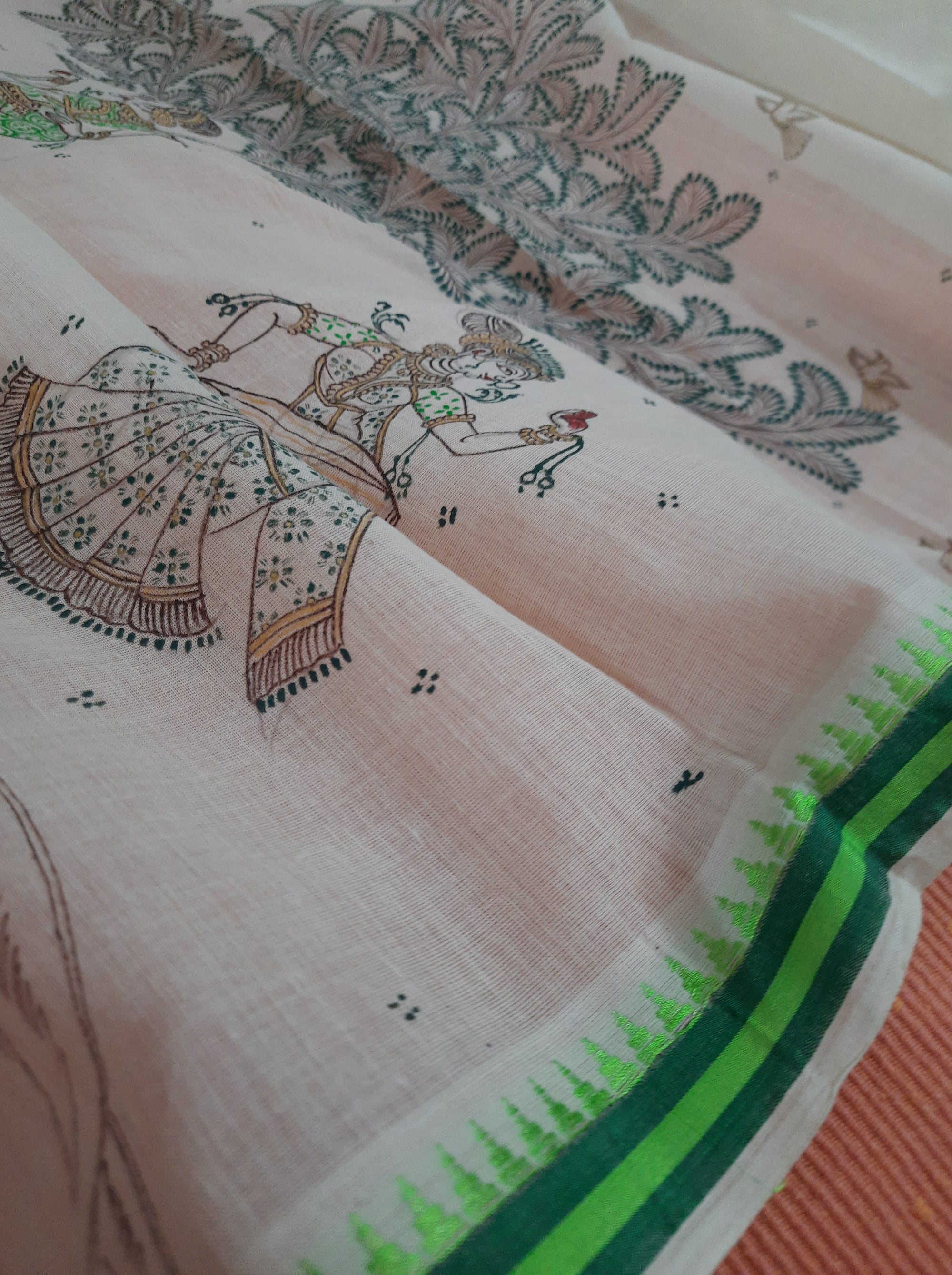 Offwhite cotton Dupatta with handpainted pattachitra motifs