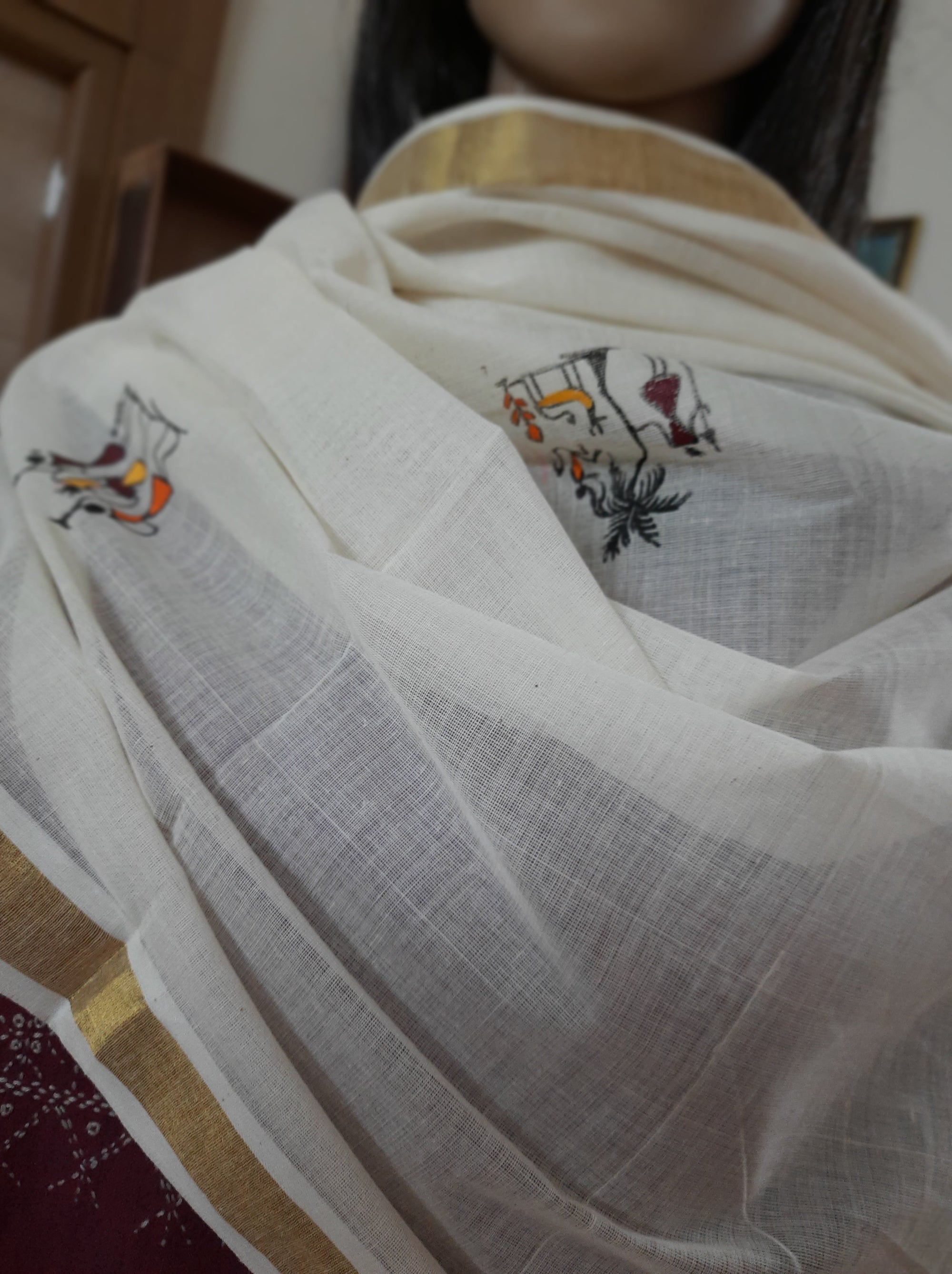Off-White Dupatta with handpainted tribal motifs
