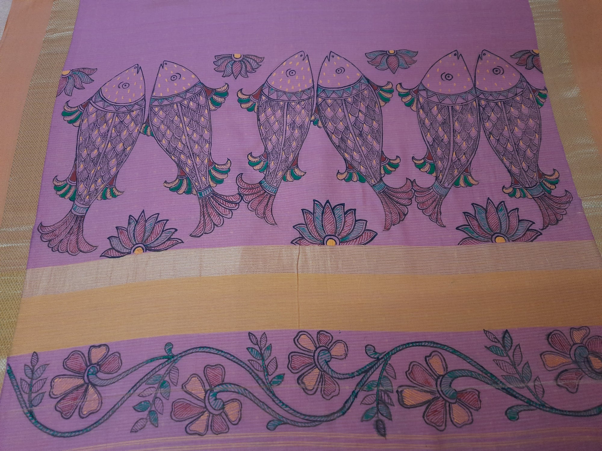 Pink Silk Dupatta with Hand Painted Madhubani Art