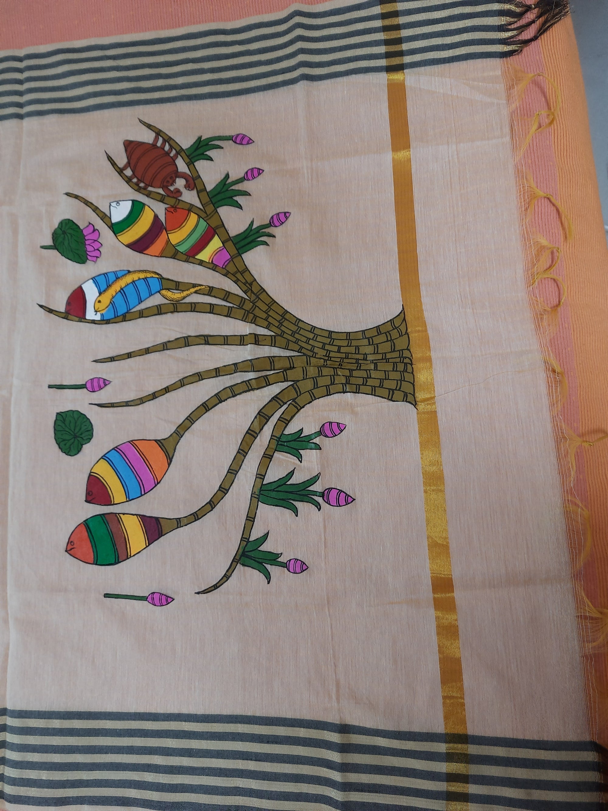 Cream Chanderi Dupatta with hand painted Tribal Art