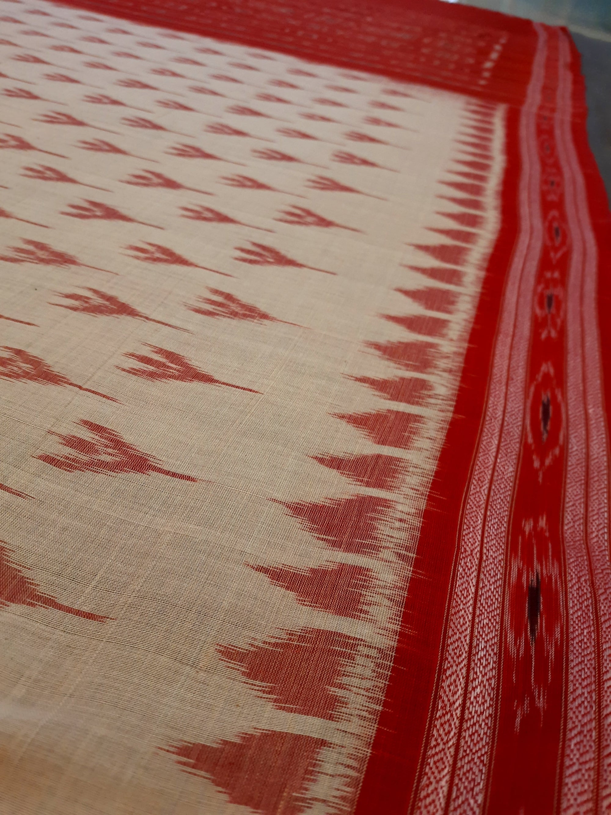 Beige with Red Cotton Odisha Ikat saree  with  cotton ikat blouse piece