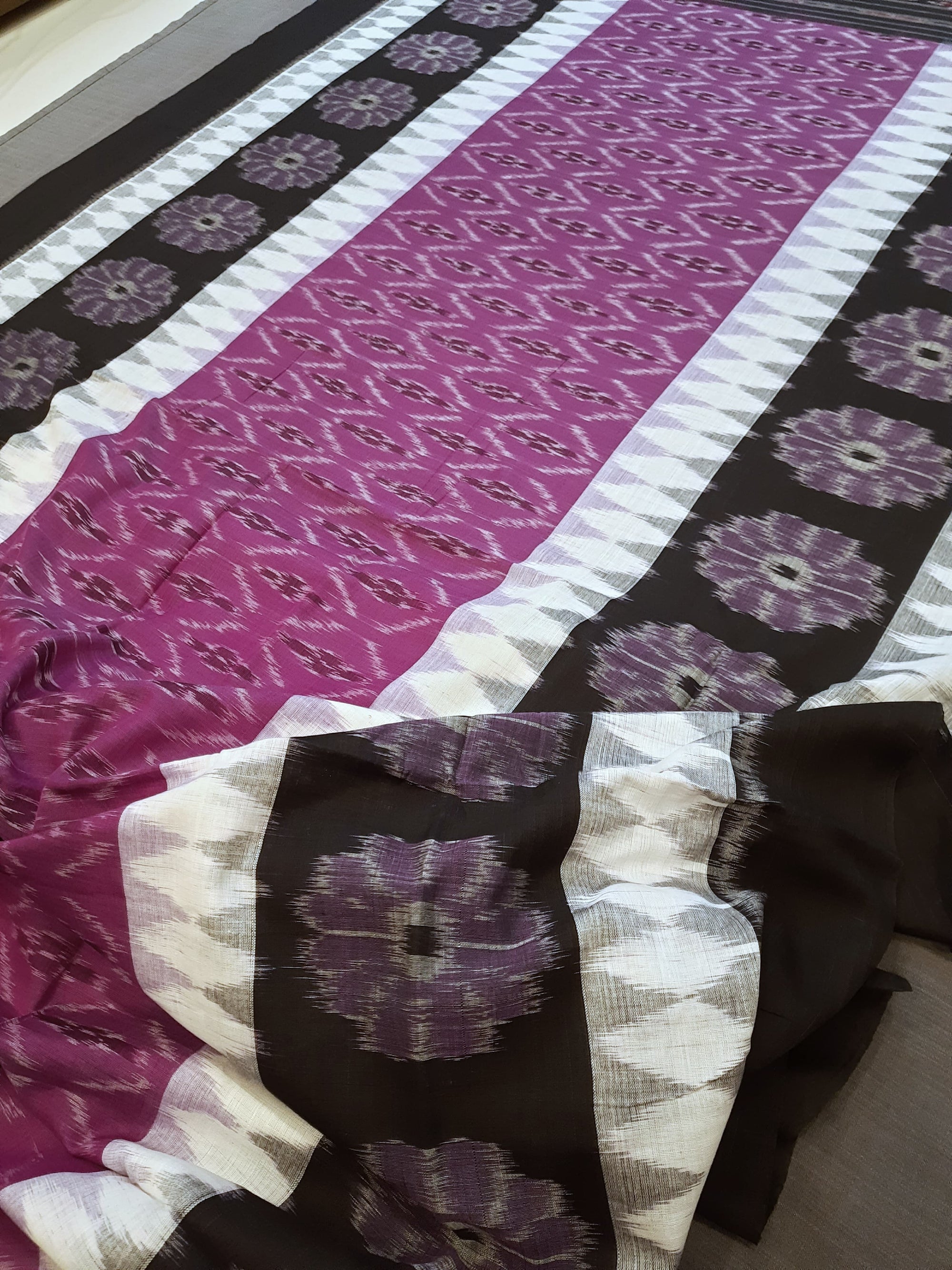 Purple with white colour Cotton Odisha Ikat saree  with  cotton ikat blouse piece