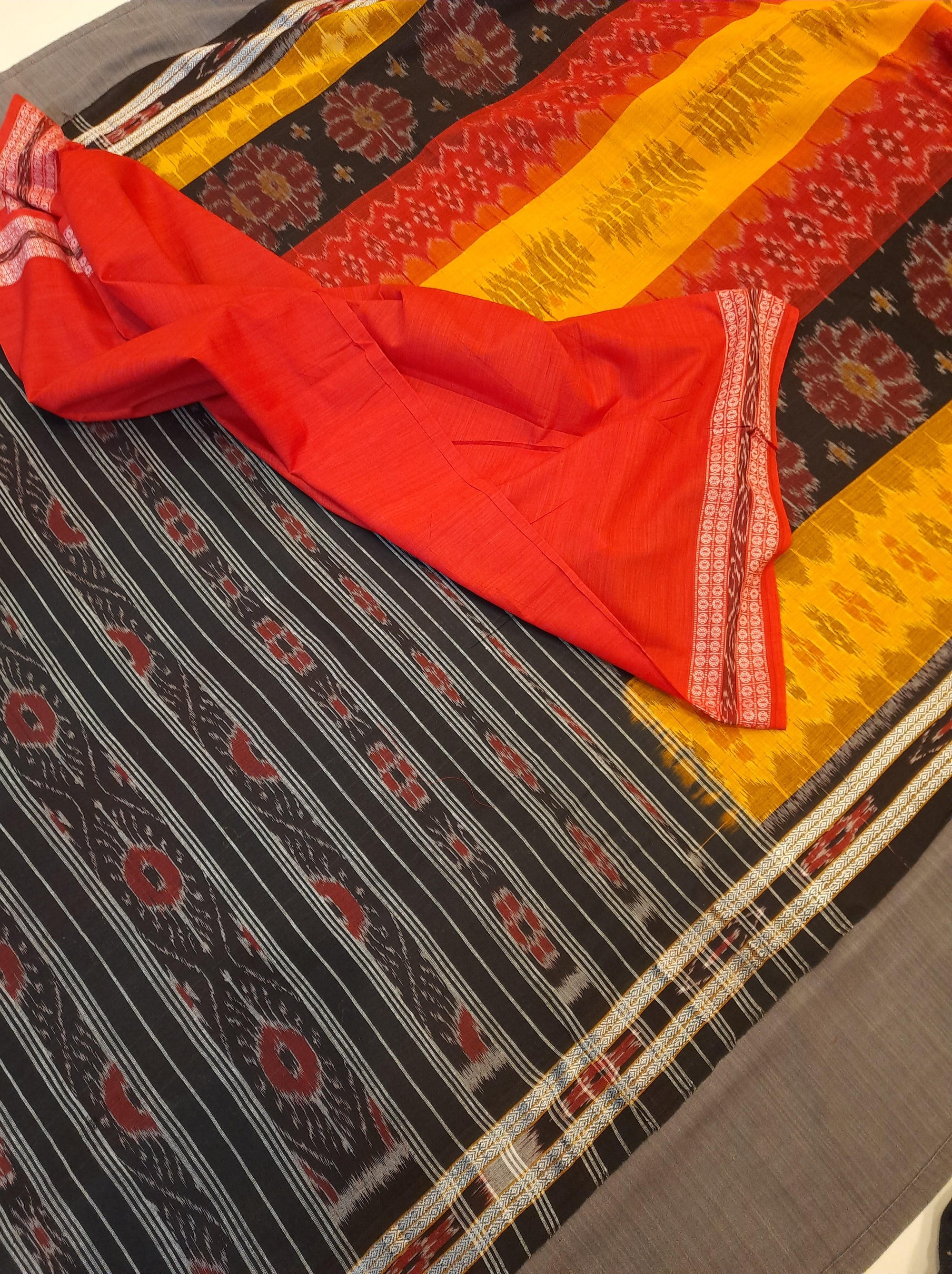 Yellow with multi colour Cotton Odisha Ikat saree  with  cotton ikat blouse piece