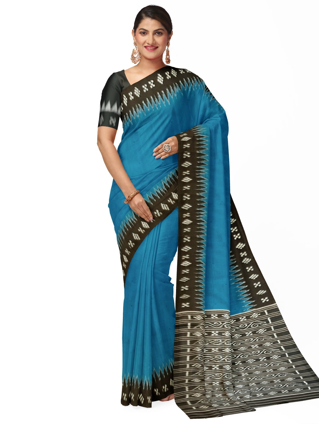 Blue Odisha Ikat Mulberry Silk Saree with running blouse piece