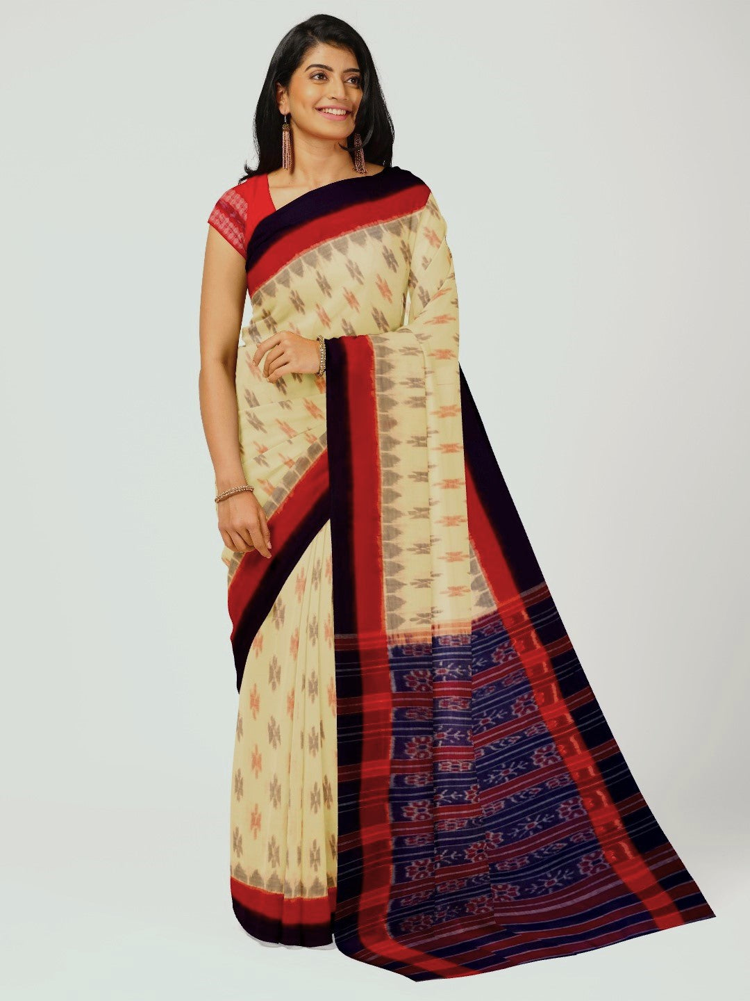 Offwhite Cotton Odisha Ikat saree  with mix match cotton ikat blouse