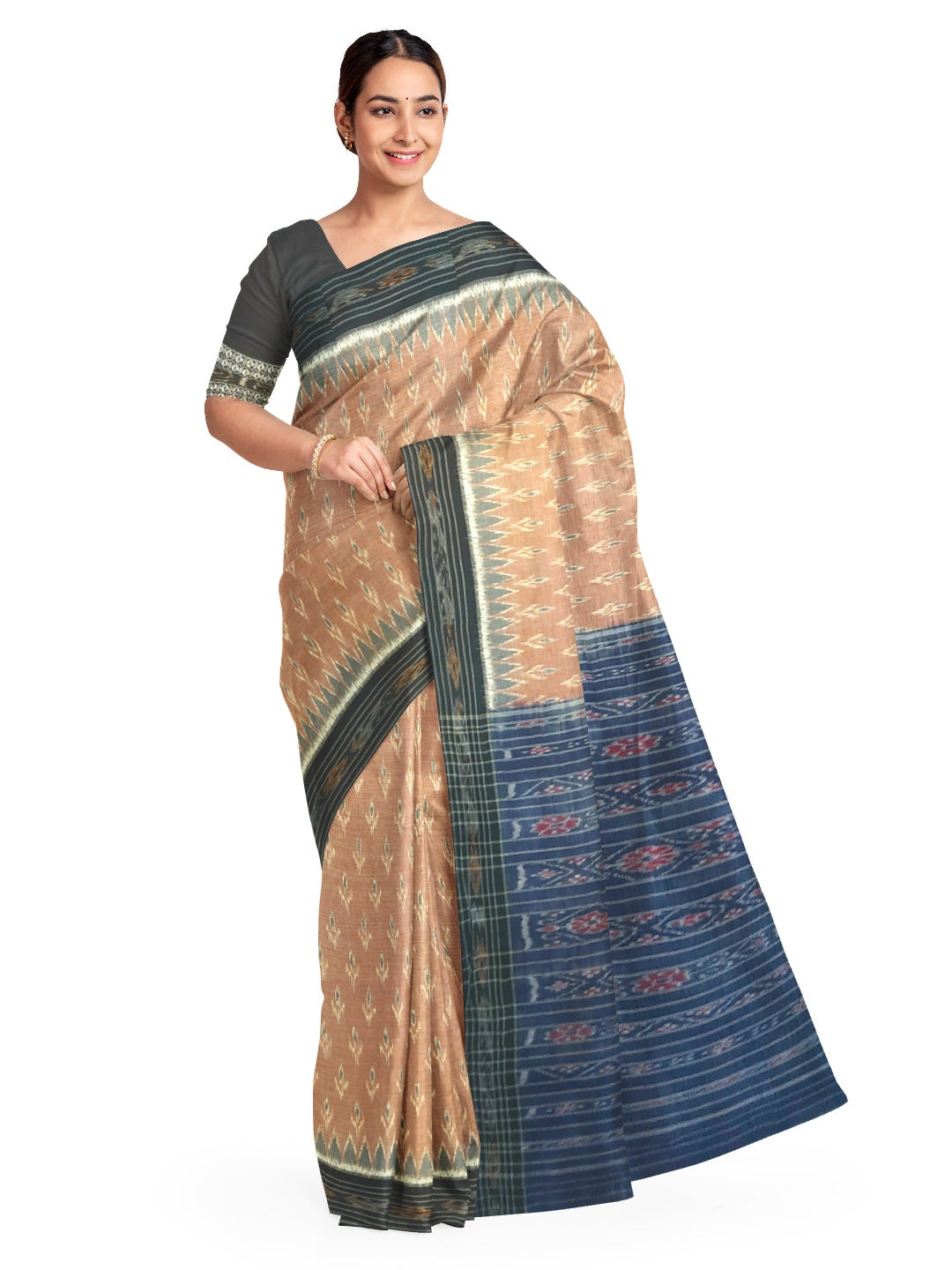 Brown with Black Cotton Odisha Ikat saree  with  cotton ikat blouse piece