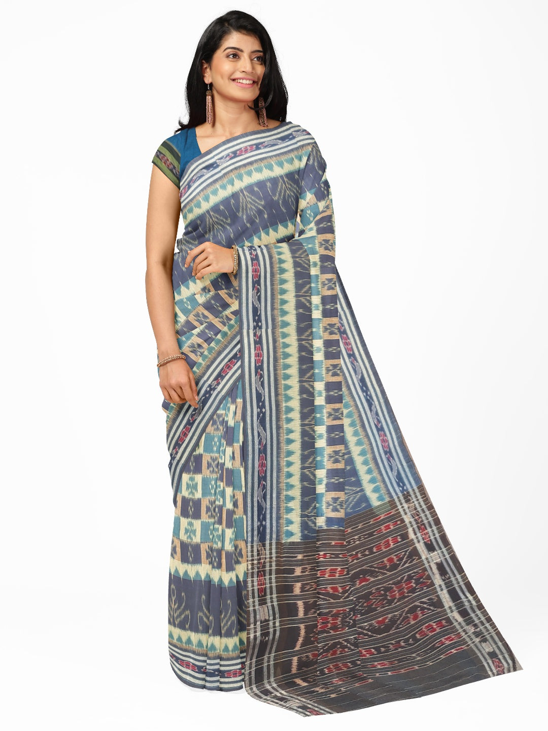 Blue hyco design Cotton Odisha Ikat saree  with  cotton ikat blouse piece