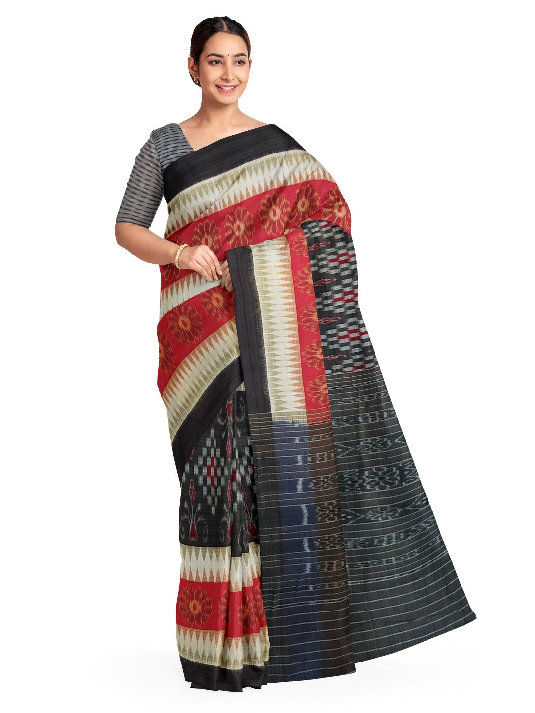 Beige Cotton Odisha Ikat saree  with  cotton ikat blouse piece