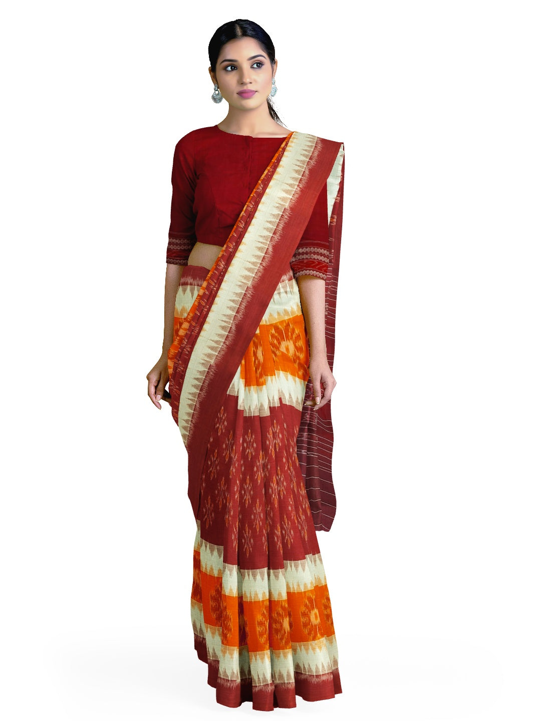 Beige with Multi colour Cotton Odisha Ikat saree  with  cotton ikat blouse piece