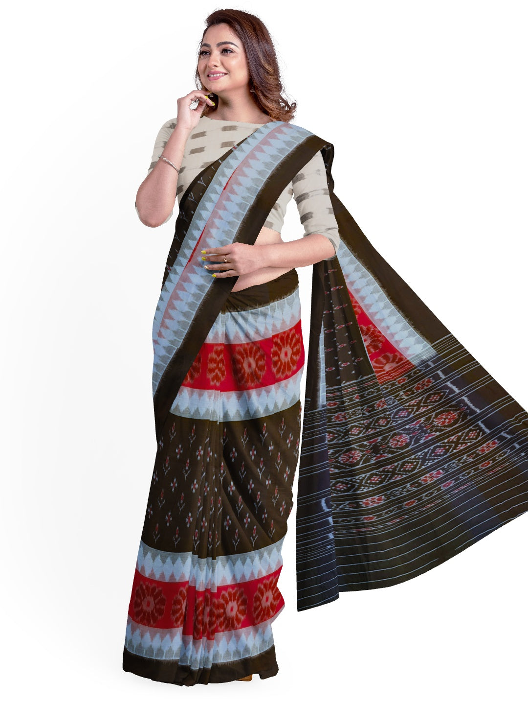 Black with White and Red Cotton Odisha Ikat saree  with  cotton ikat blouse piece