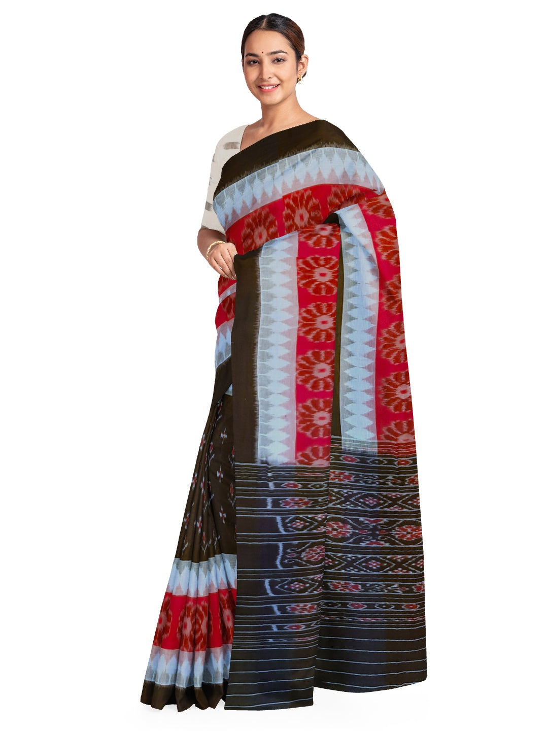 Black with White and Red Cotton Odisha Ikat saree  with  cotton ikat blouse piece
