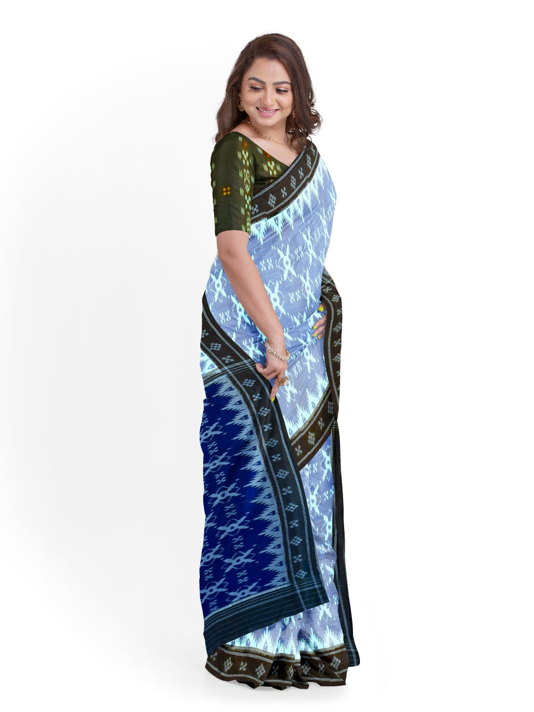 Grey with Blue Cotton Odisha Ikat saree  with matching blouse piece