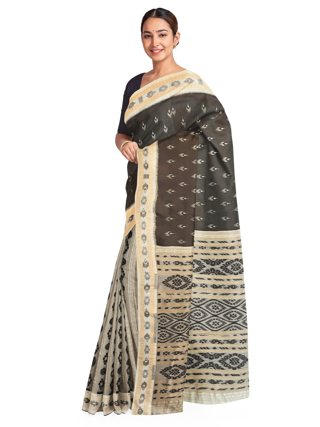 Black and White Odisha Khandua Pata Silk Saree with patli pleats