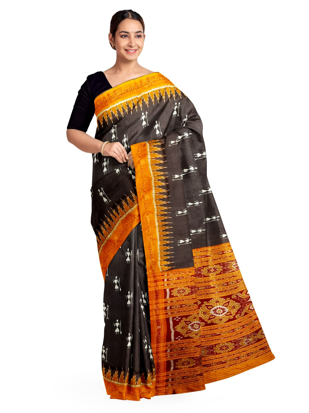 Black and Orange Odisha Khandua Pata Silk Saree