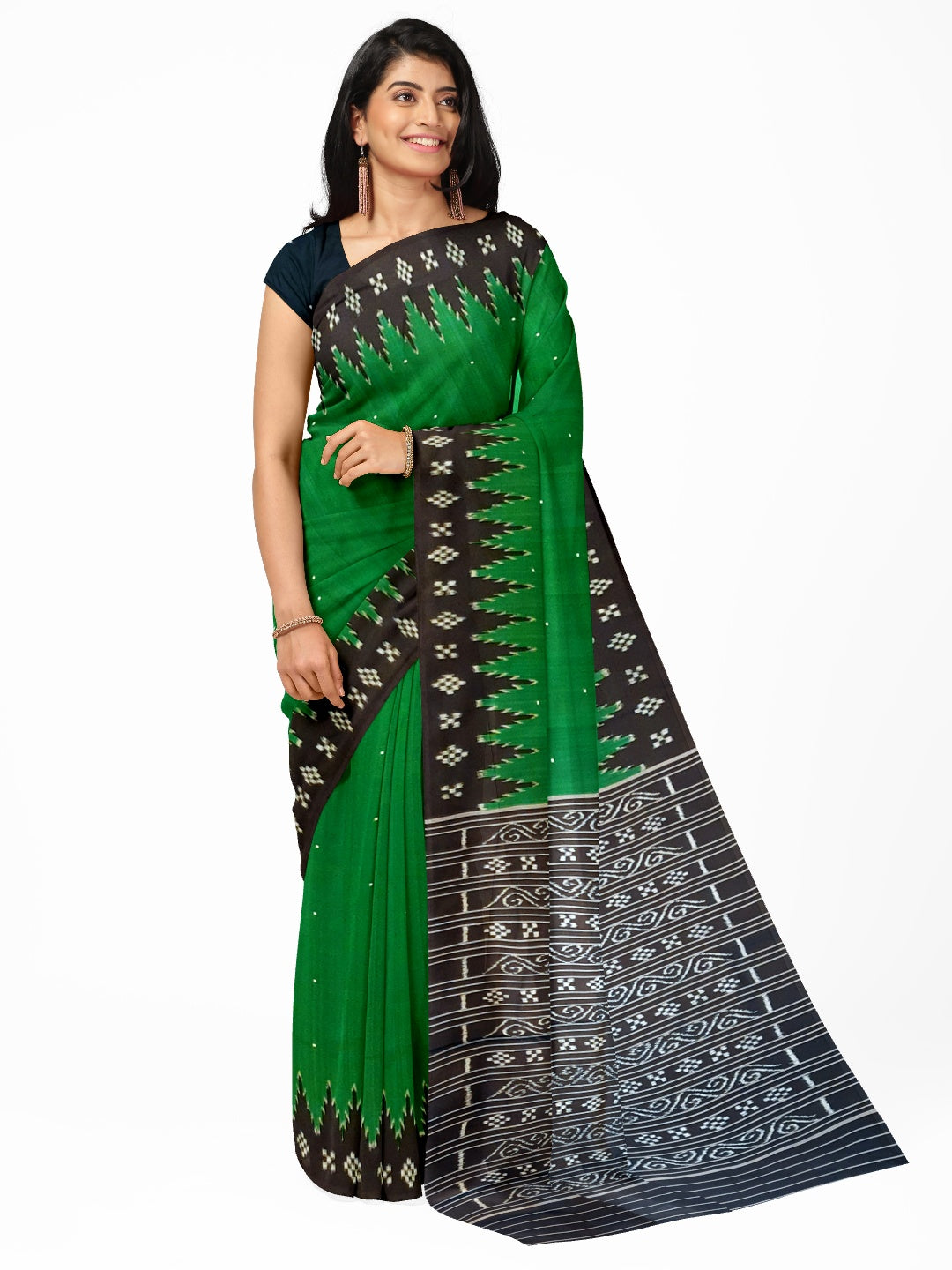 Green Odisha Ikat Mulberry Silk Saree with running blouse piece