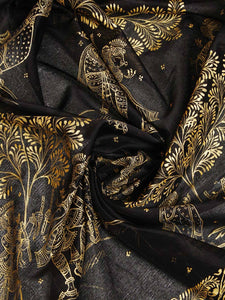 CraftsCollection.in - Black Silk Saree with Hand Painted Pattachitra Art