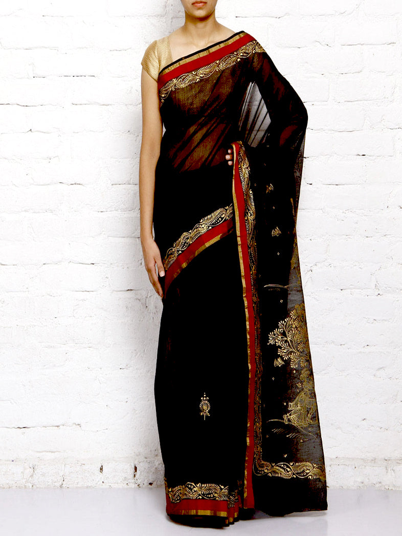 CraftsCollection.in - Black Silk Saree with Hand Painted Pattachitra Art