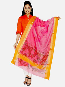 CraftsCollection.in - Pink Silk Dupatta with Hand Painted Madhubani Art