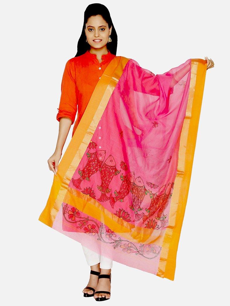 CraftsCollection.in - Pink Silk Dupatta with Hand Painted Madhubani Art