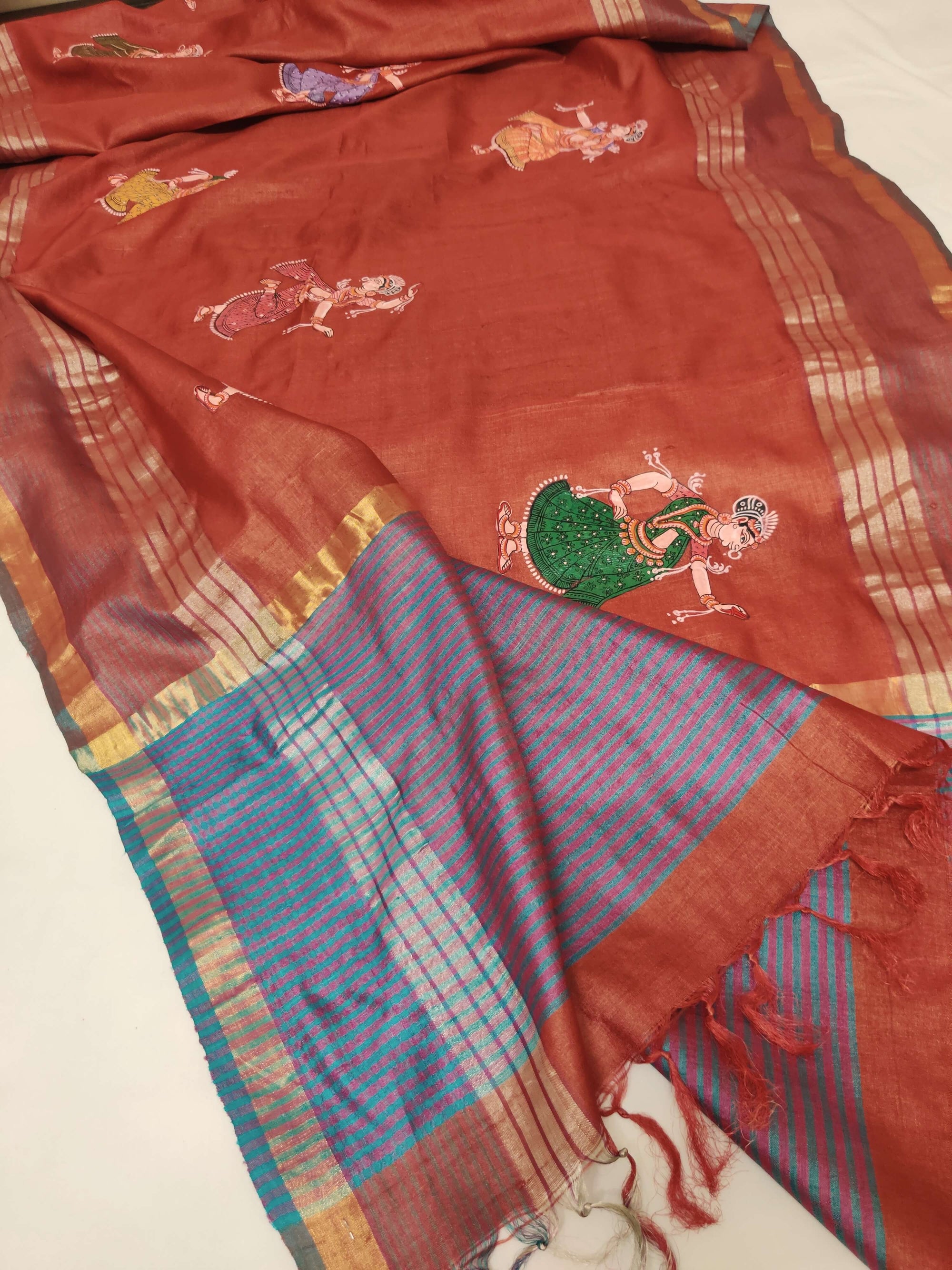 Rust Tussar Silk Dupatta with handpainted Pattachitra Motifs