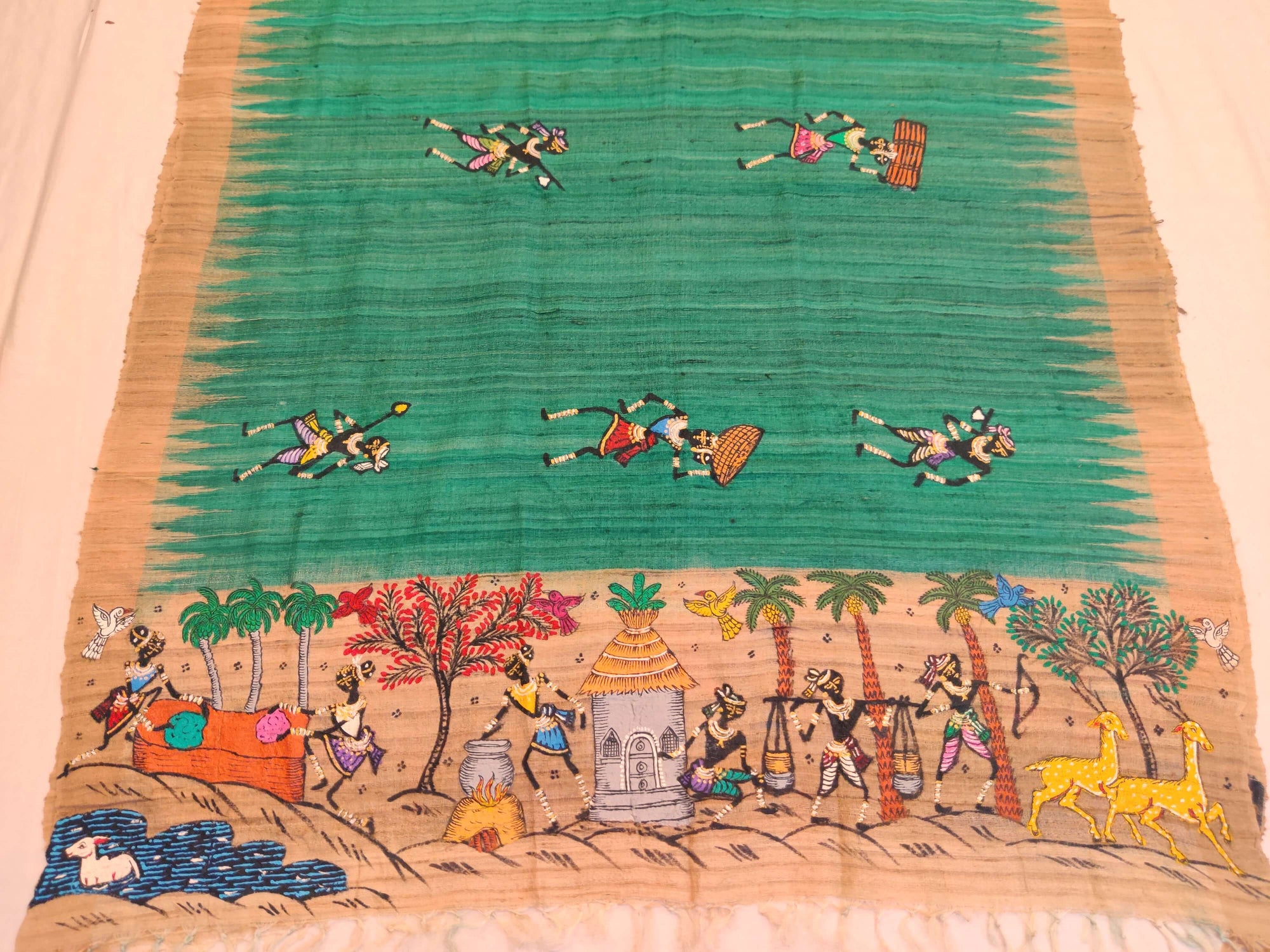 Green Tussar Ghicha Silk Dupatta with handpainted Tribal Motifs