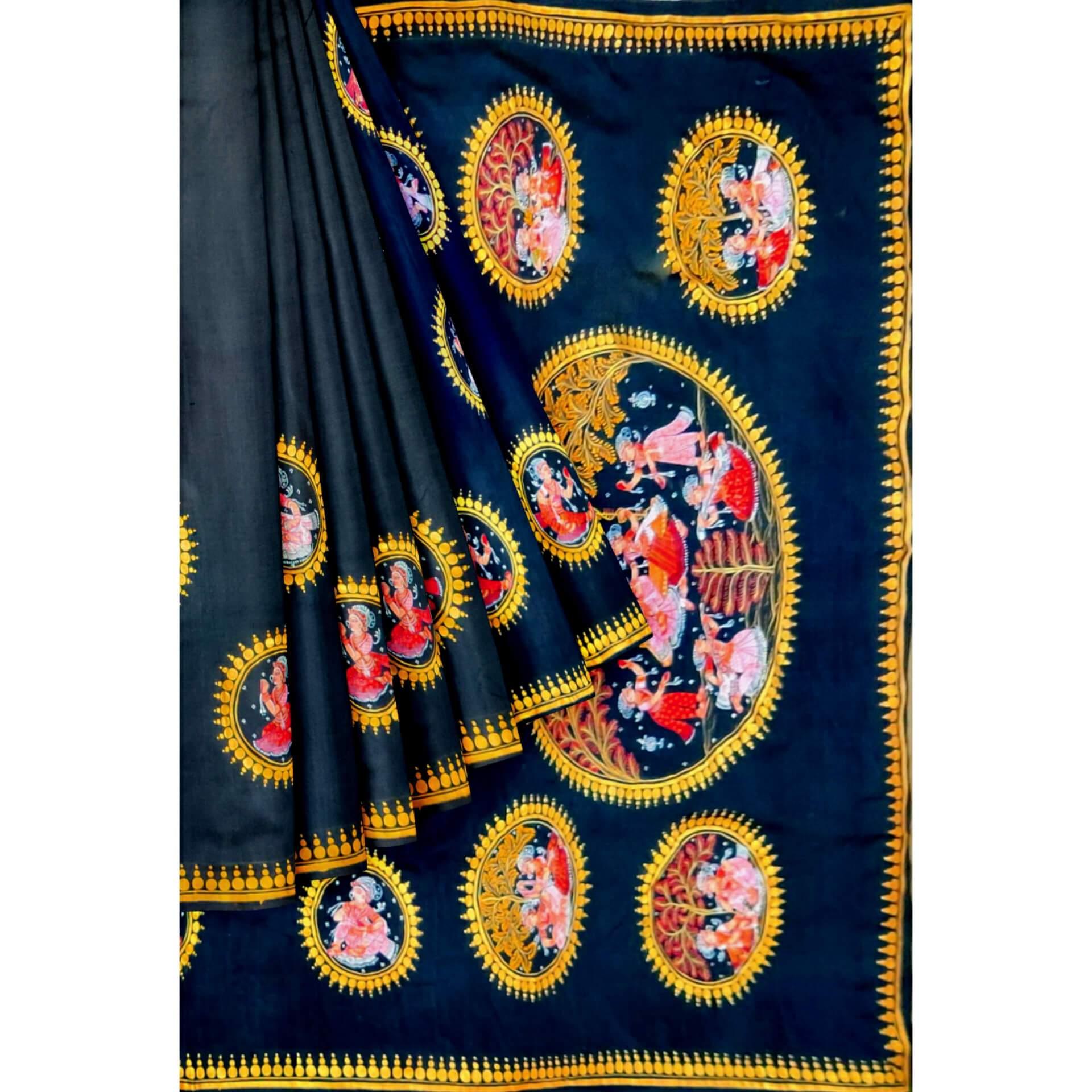 Black Silk Saree with handpainted Pattachitra motifs - Crafts Collection