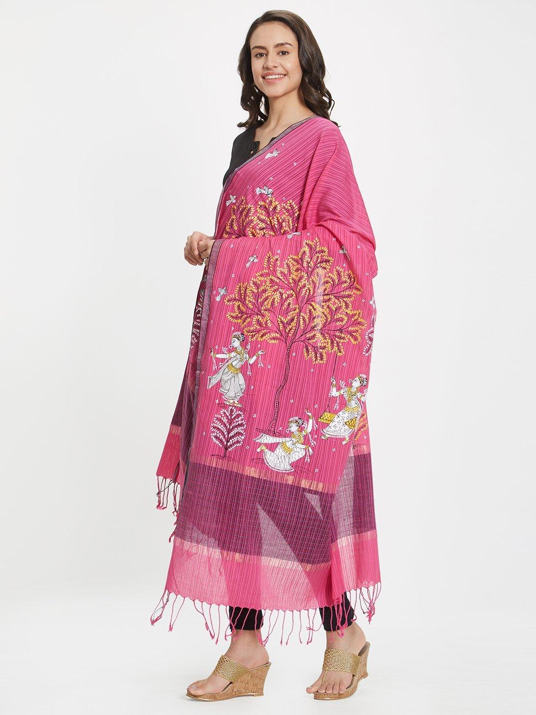 CraftsCollection.in - Pink Cotton Dupatta with handpainted Pattachitra motifs