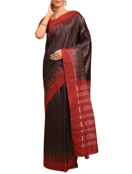 Brown Tussar Silk Sambalpuri ikat Saree with mix match silk blouse