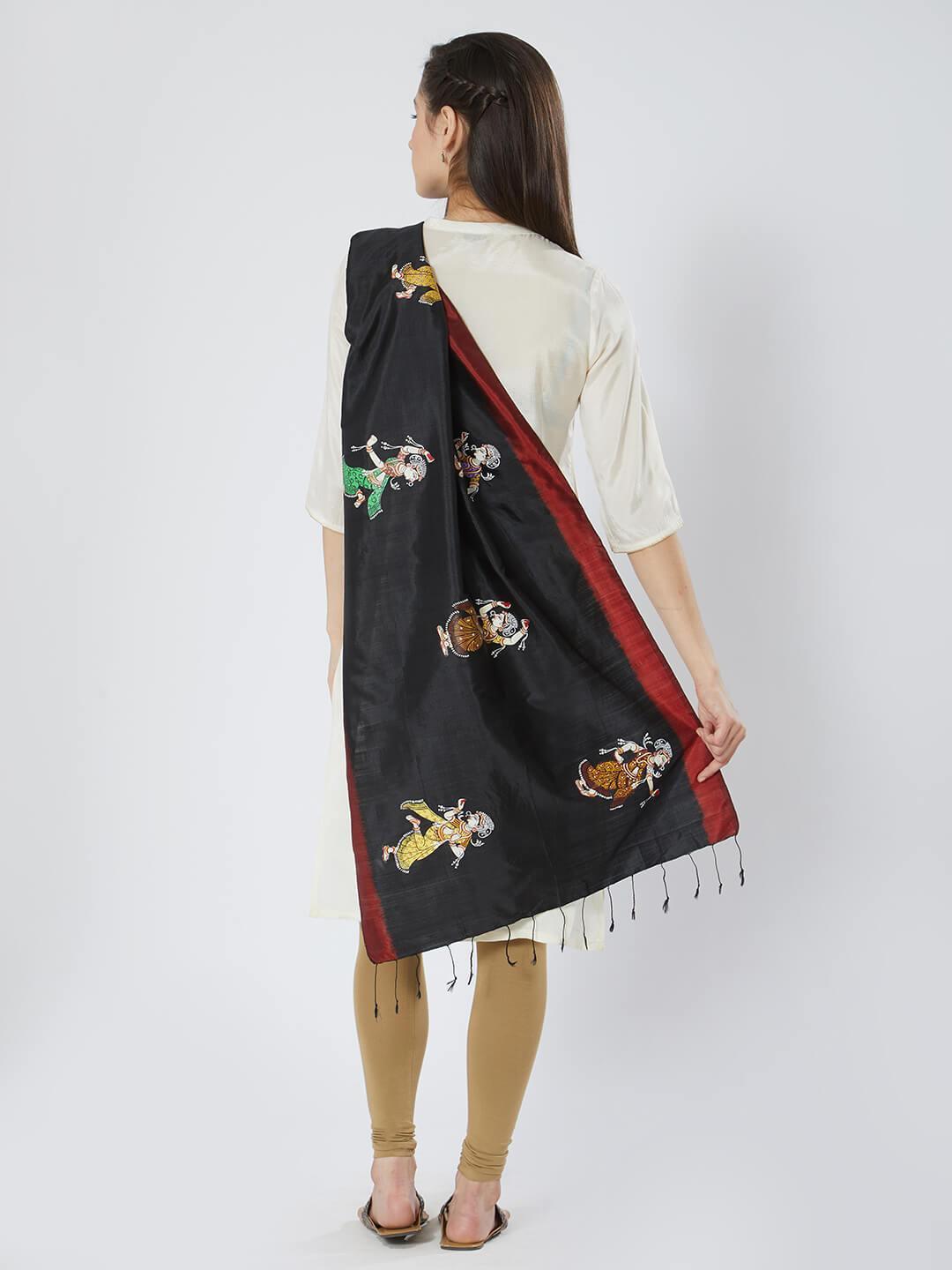 CraftsCollection.in - Black Red Silk Stole with Pattachitra Motifs