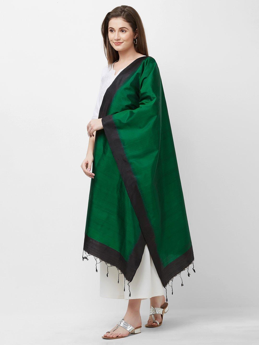 CraftsCollection.in -Green and Black Pure Silk Stole