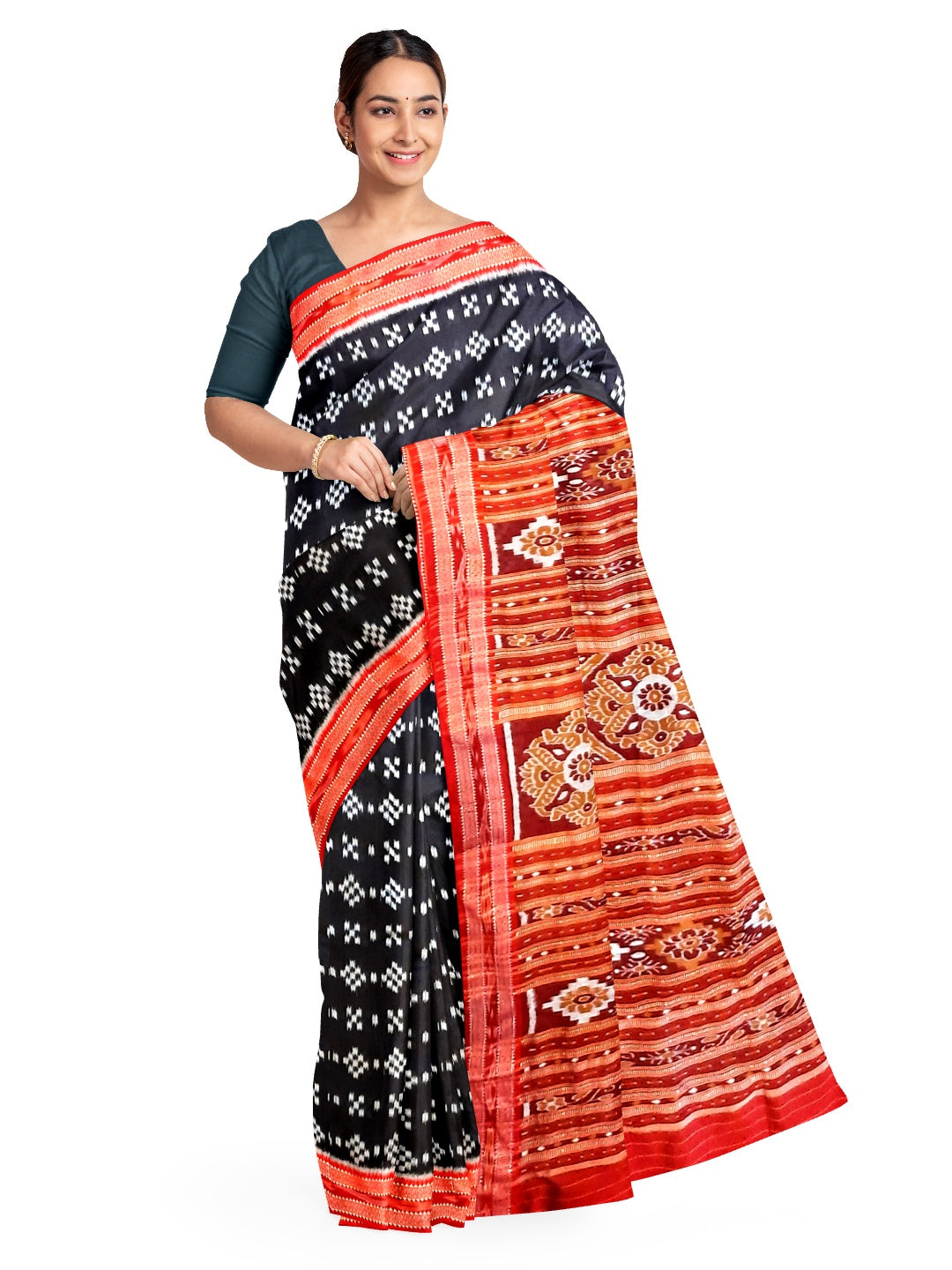 Black and Red Odisha Khandua Silk Saree with pasapalli motifs
