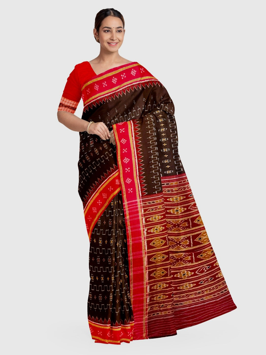 Black Cotton Odisha Ikat saree with cotton Sambalpuri Ikat blouse piece