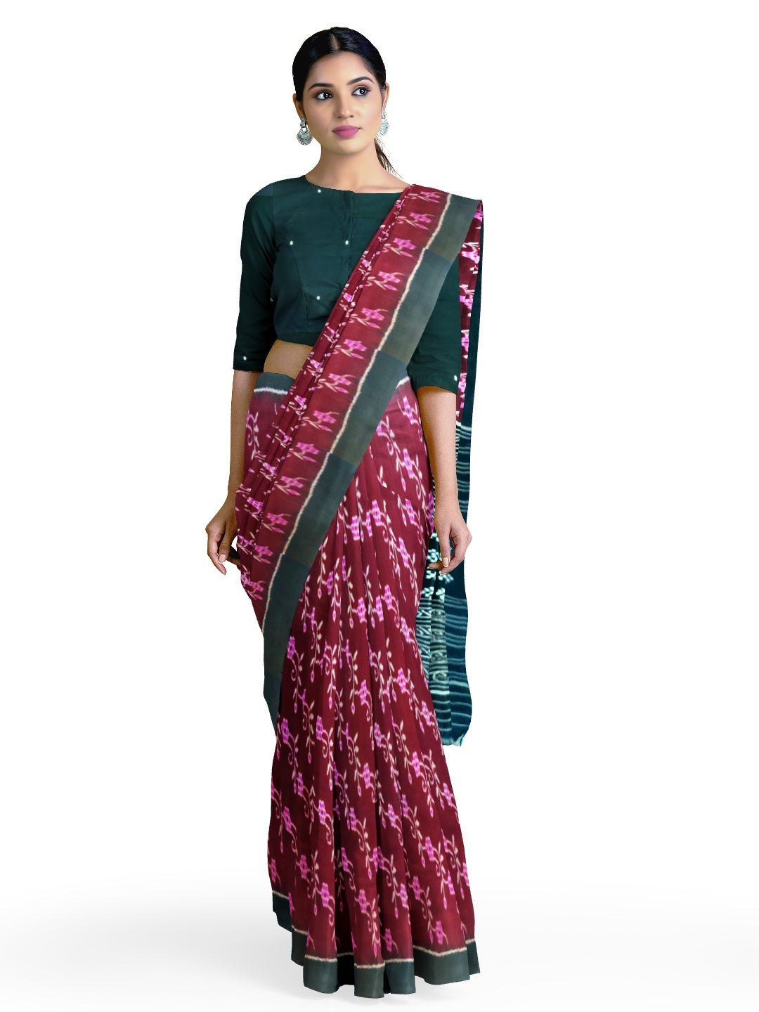 Burgundy Odisha Sambalpuri Silk Saree with running black buta blouse piece
