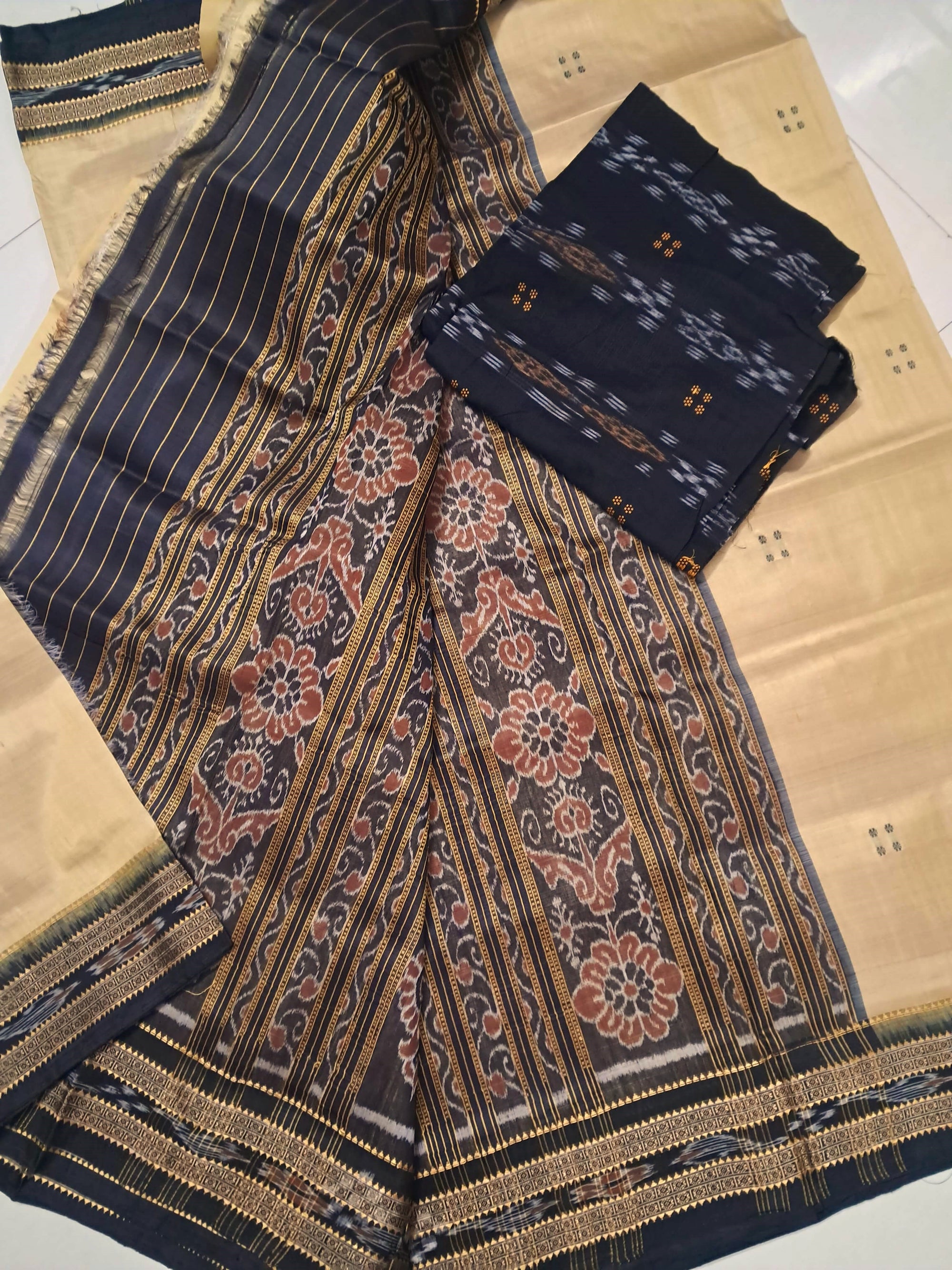 Beige with Black Odisha Khandua Pata Silk Saree