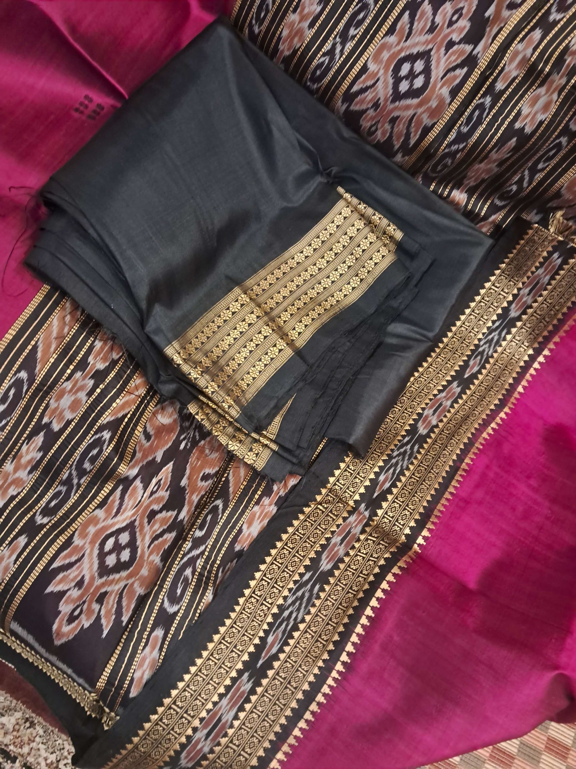 Magenta with Black Odisha Khandua Silk Saree with Black Mulberry silk blouse piece