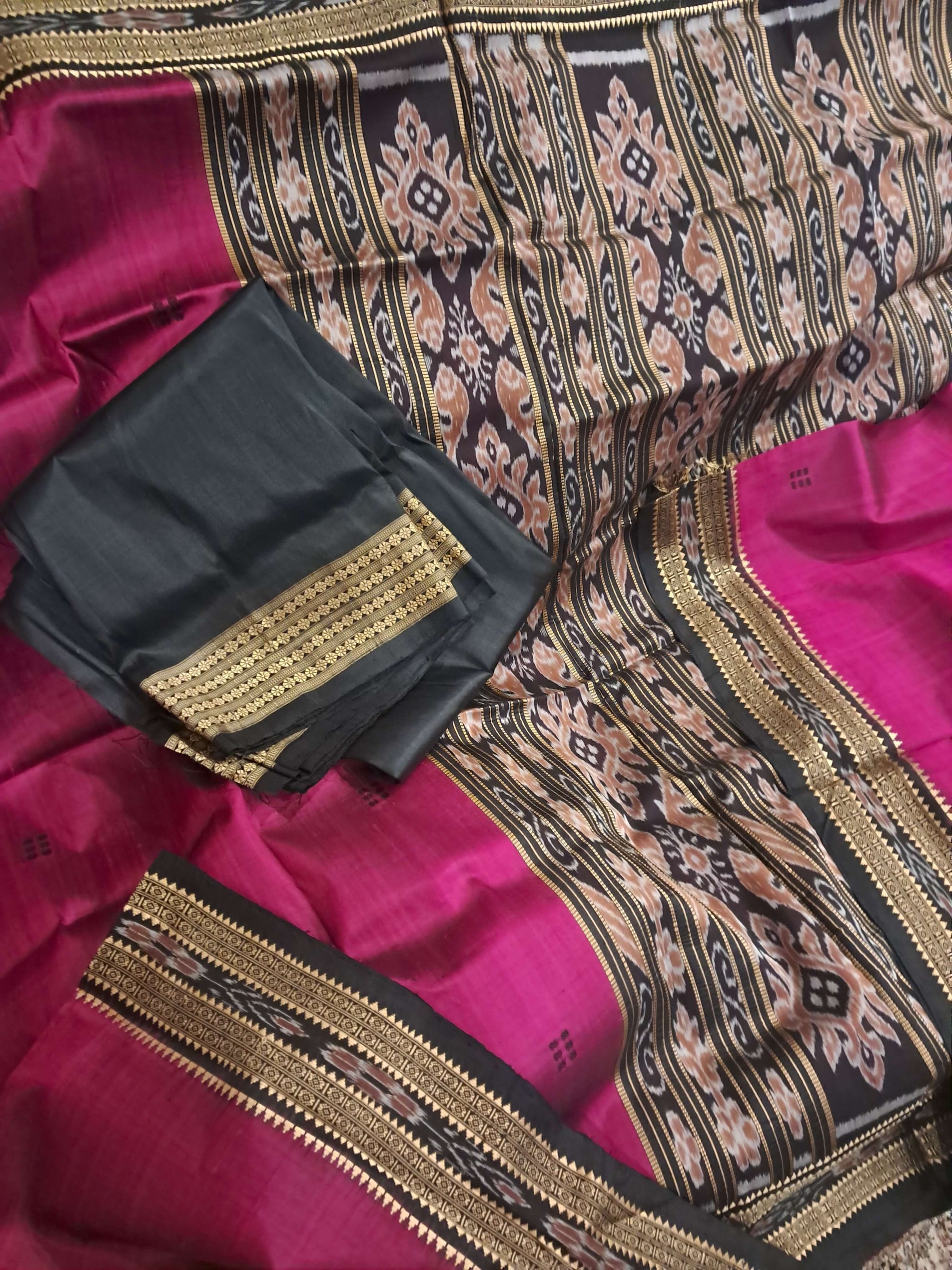 Magenta with Black Odisha Khandua Silk Saree with Black Mulberry silk blouse piece