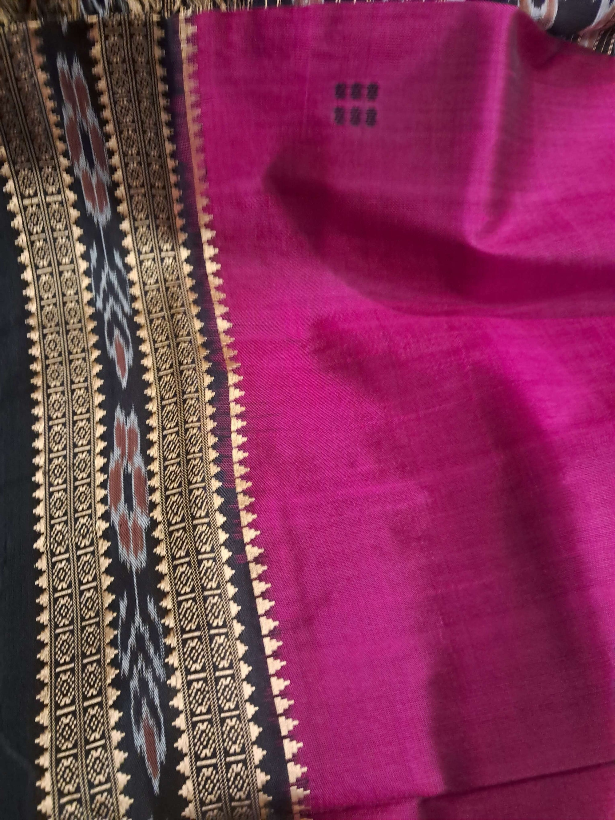 Magenta with Black Odisha Khandua Silk Saree with Black Mulberry silk blouse piece