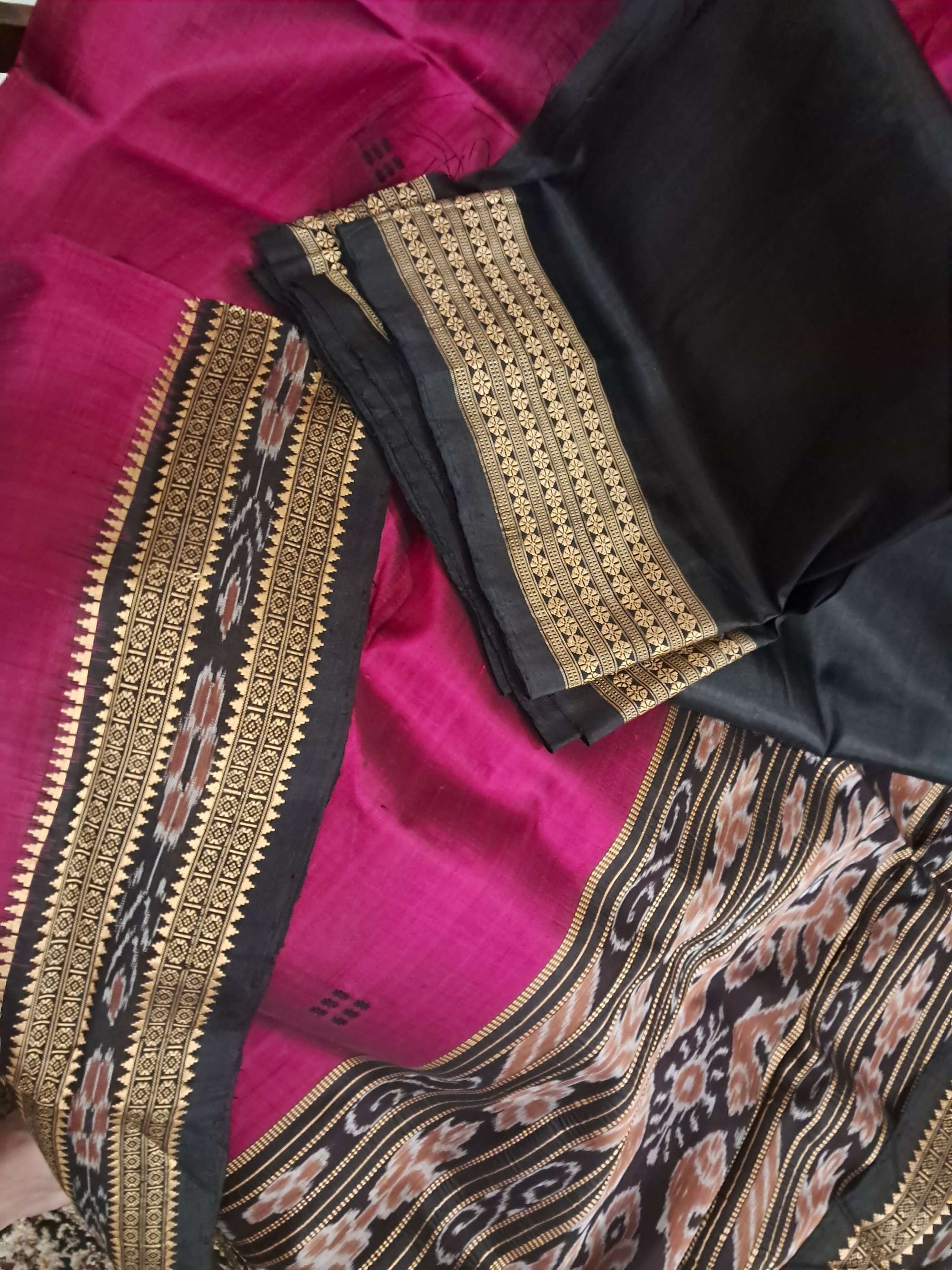 Magenta with Black Odisha Khandua Silk Saree with Black Mulberry silk blouse piece