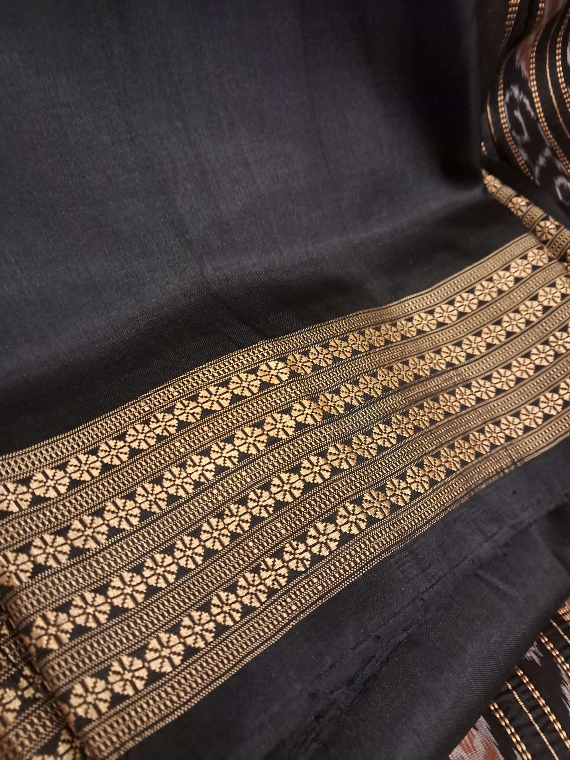 Magenta with Black Odisha Khandua Silk Saree with Black Mulberry silk blouse piece