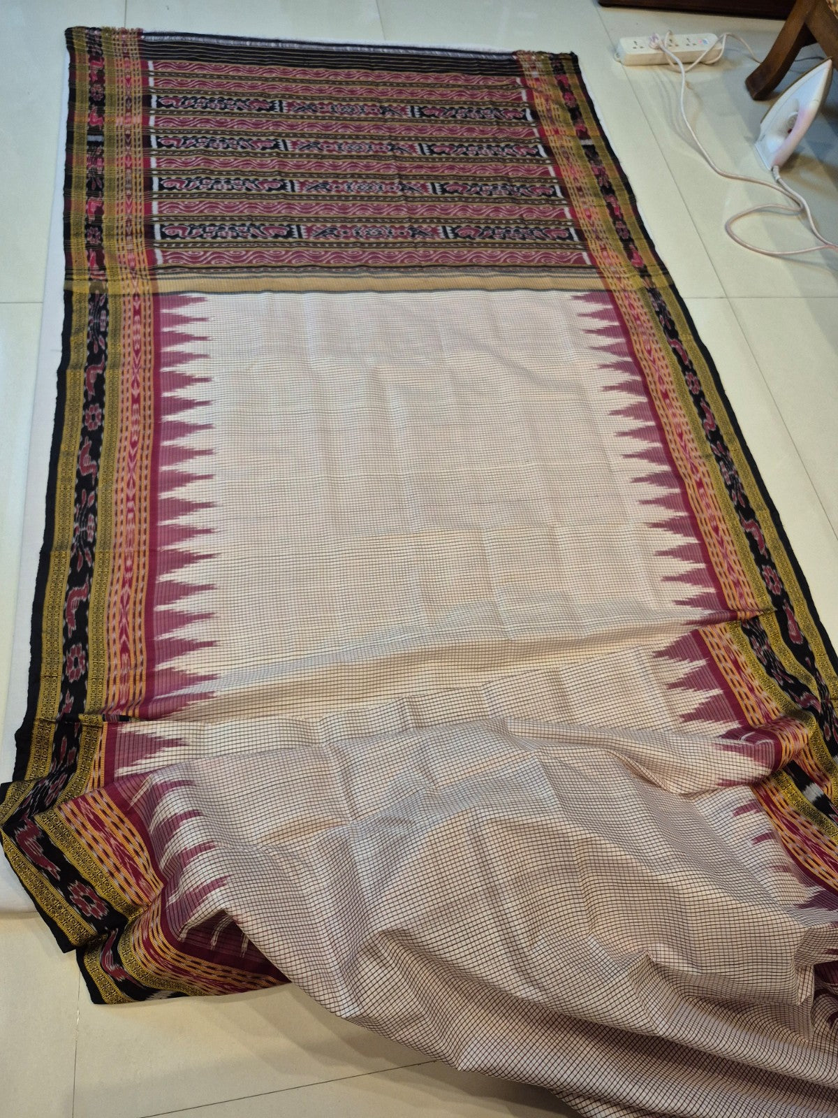 Pinkish Beige Sachipar Khandua Pata Silk Saree with cotton ikat blouse piece