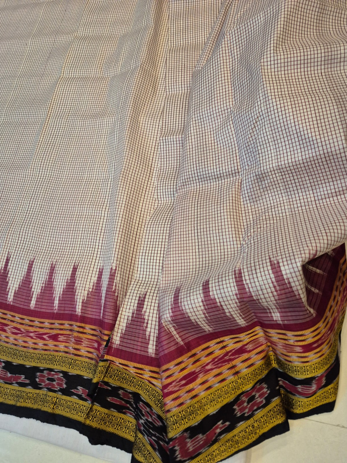 Pinkish Beige Sachipar Khandua Pata Silk Saree with cotton ikat blouse piece