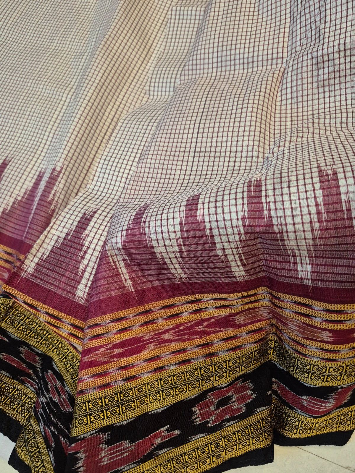 Pinkish Beige Sachipar Khandua Pata Silk Saree with cotton ikat blouse piece