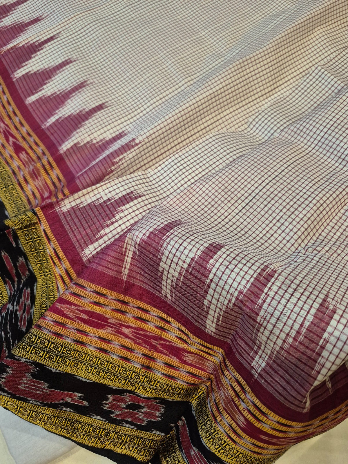 Pinkish Beige Sachipar Khandua Pata Silk Saree with cotton ikat blouse piece