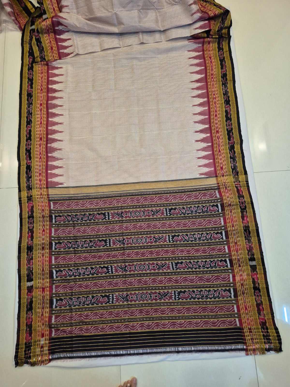 Pinkish Beige Sachipar Khandua Pata Silk Saree with cotton ikat blouse piece