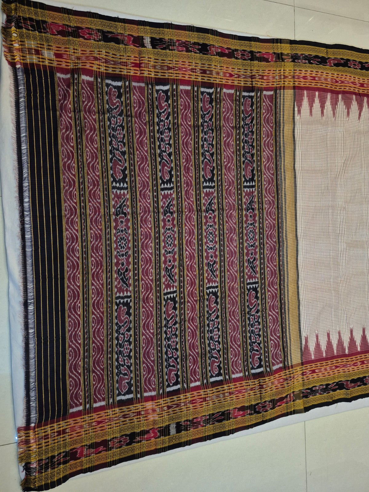 Pinkish Beige Sachipar Khandua Pata Silk Saree with cotton ikat blouse piece