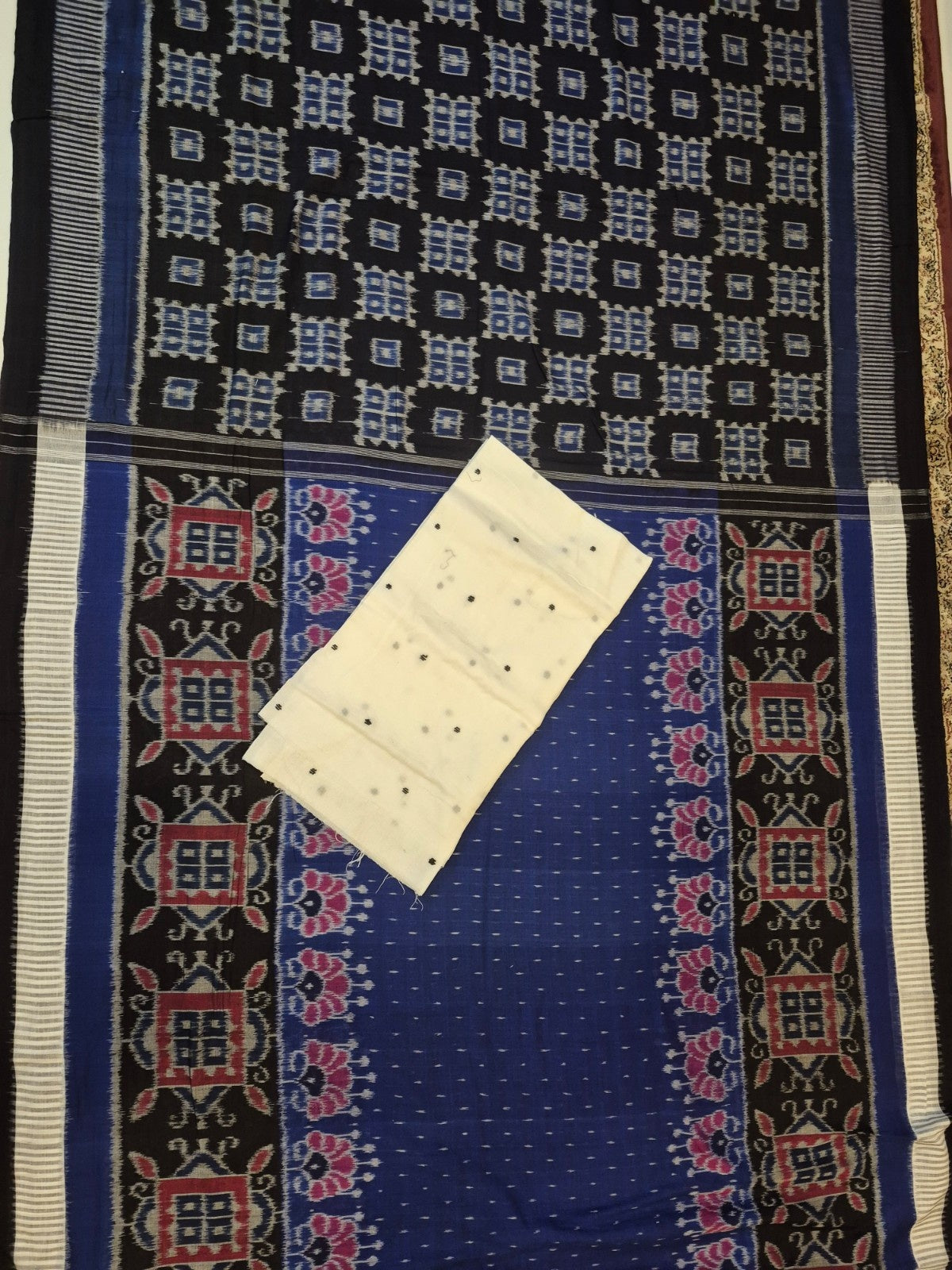 Blue with Black Cotton Odisha Ikat saree  with mix match cotton ikat blouse