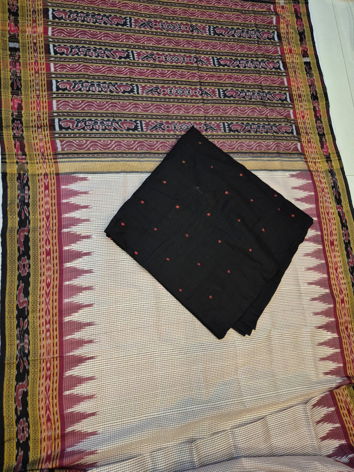 Pinkish Beige Sachipar Khandua Pata Silk Saree with cotton ikat blouse piece