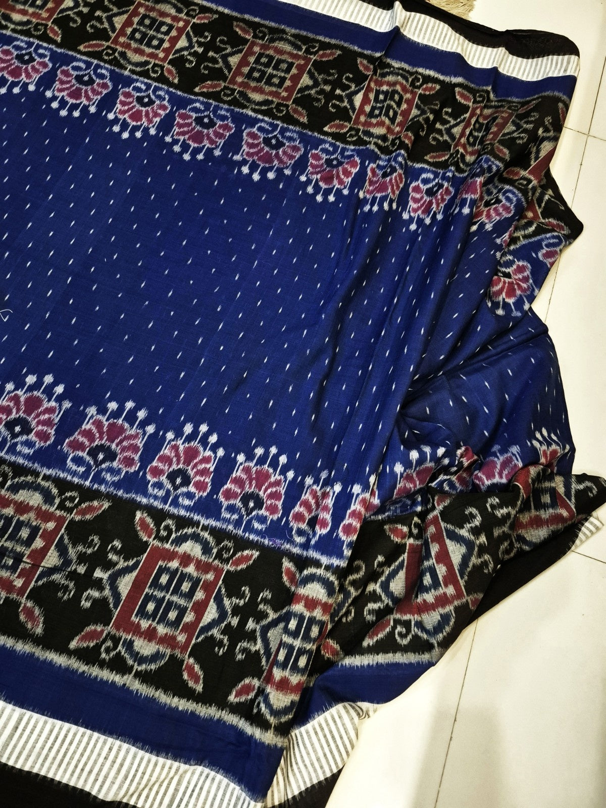 Blue with Black Cotton Odisha Ikat saree  with mix match cotton ikat blouse