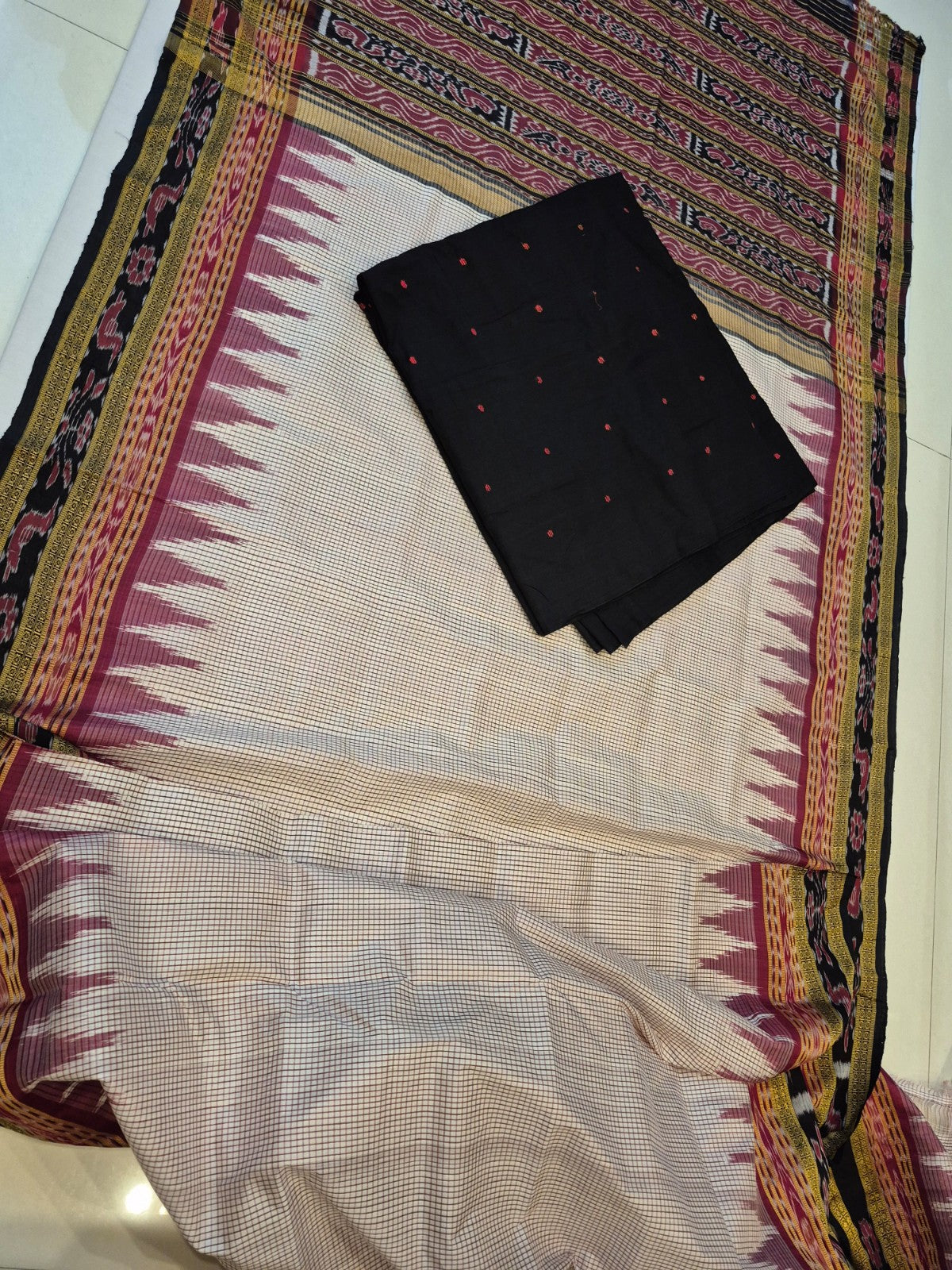 Pinkish Beige Sachipar Khandua Pata Silk Saree with cotton ikat blouse piece